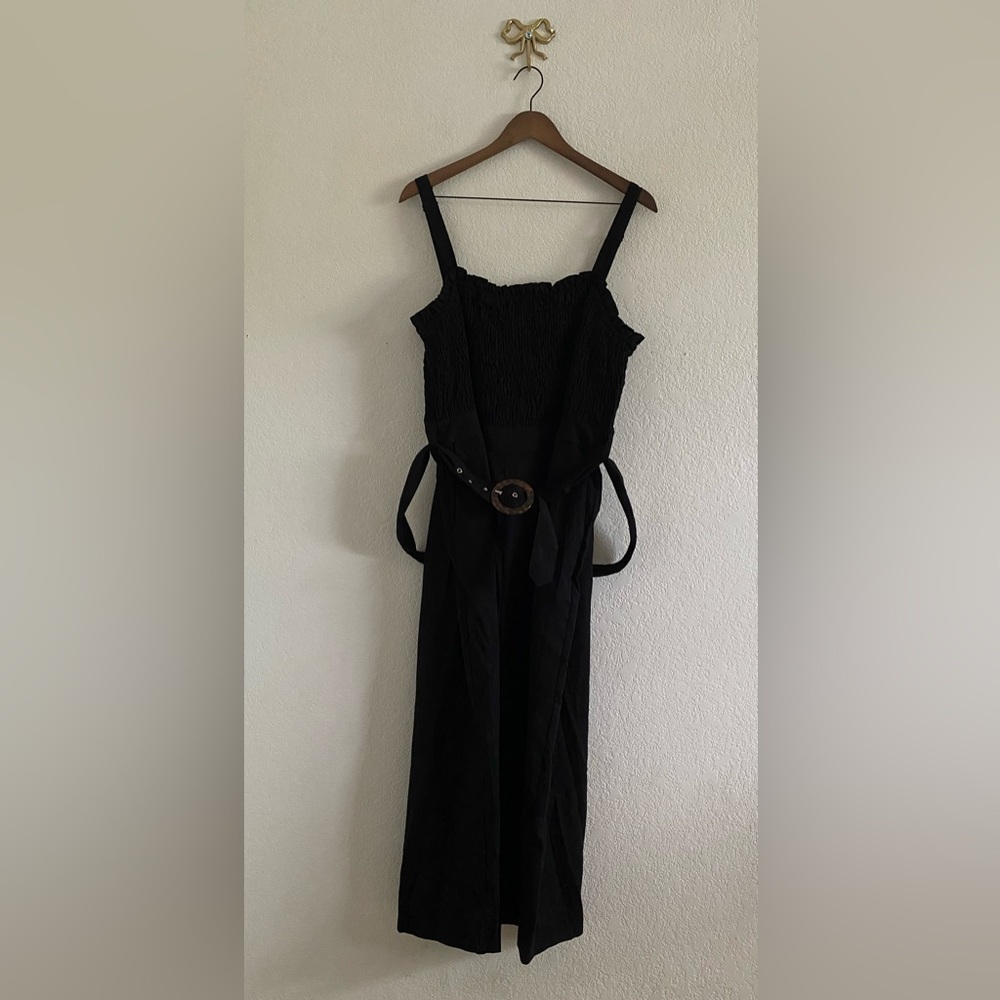 City Chic Smocked Sleeveless Wide Leg Jumpsuit Belted Linen Cotton Pockets Black